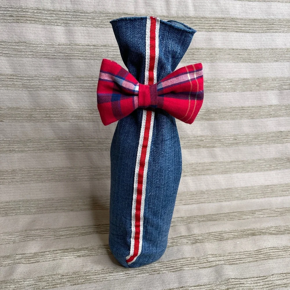 Handcrafted Wine or Liquor Bottle Gift Bag Made From Denim and Tie